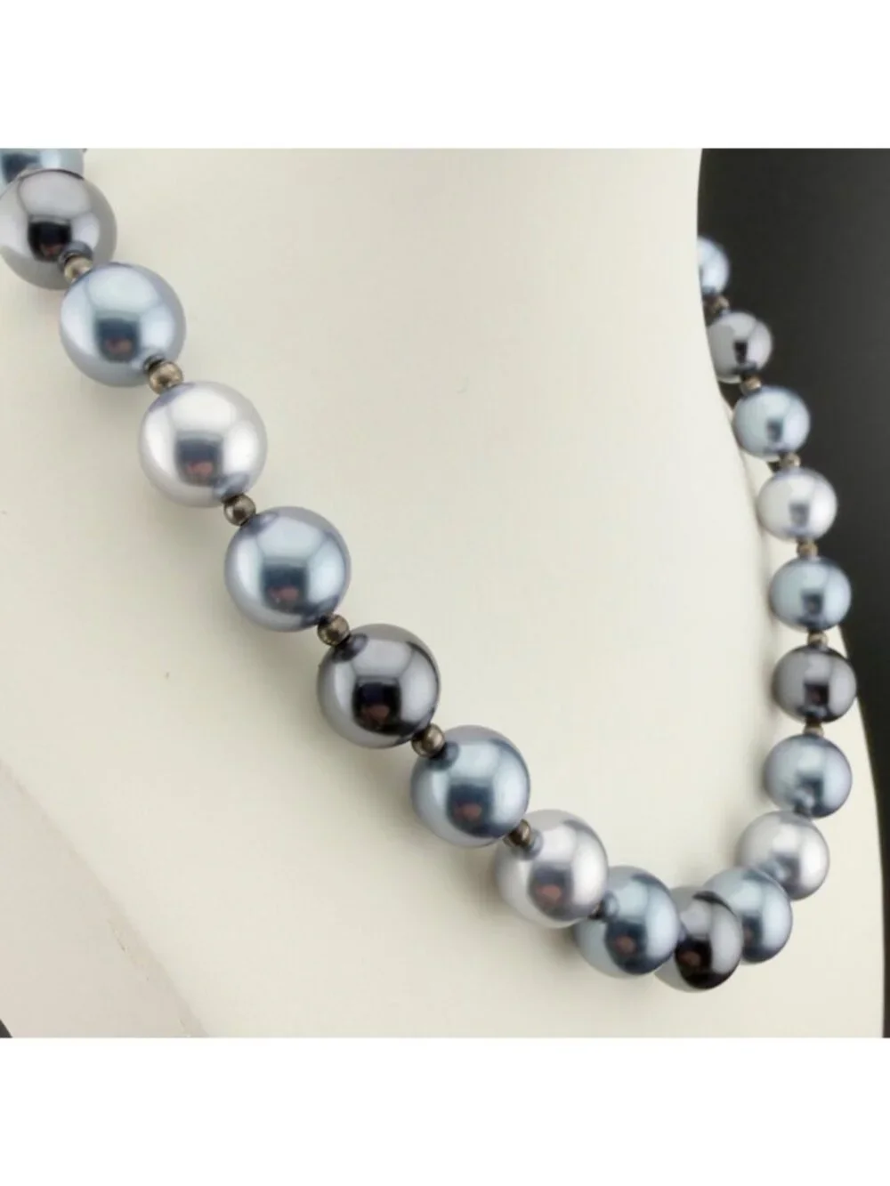Gray Glass Bead Faux Pearl Necklace Large Luster Chunky 15 inch